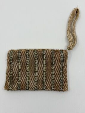 Vintage Beaded Wristlet wallet in Beige with Rhinestone Stripes